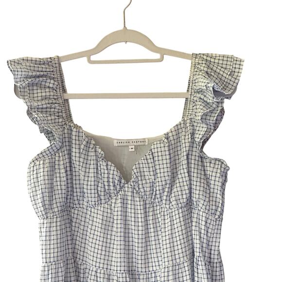 English Factory Women M Gingham Printed Tiered Mini Dress Cottagecore Blue Plaid - Picture 3 of 10